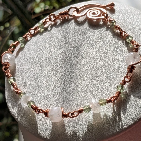 Moonstone Copper Chain Bracelet Rare Green Apatite Gems Dainty Artisan Crafted - Picture 12 of 16
